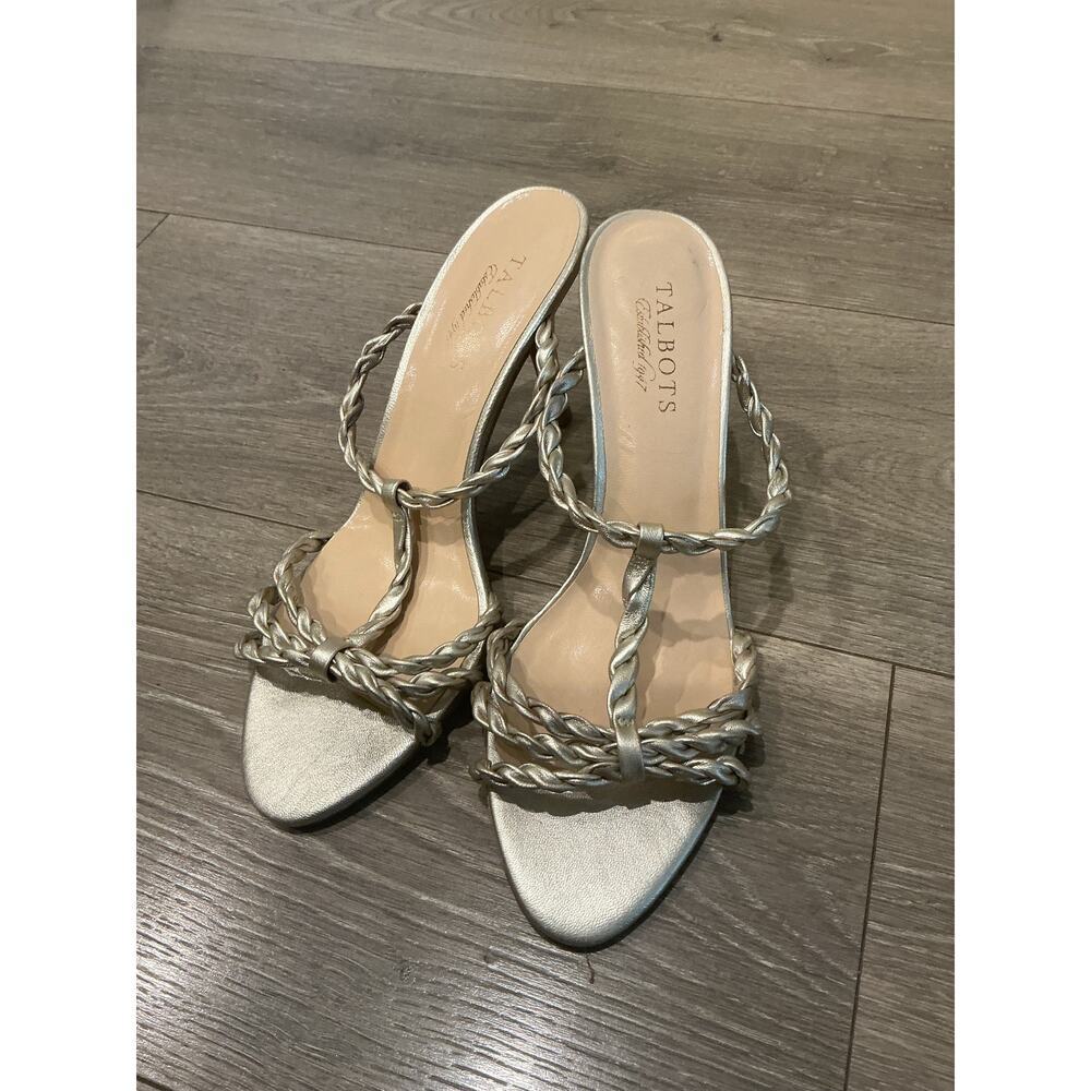 Talbots Heeled Slide Sandals Size 8 Silver Grey Braided Party‎ Cocktail Formal
